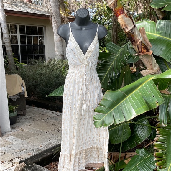 me too magic Dresses & Skirts - Gold, striped sequin lace ruffled, maxi sundress